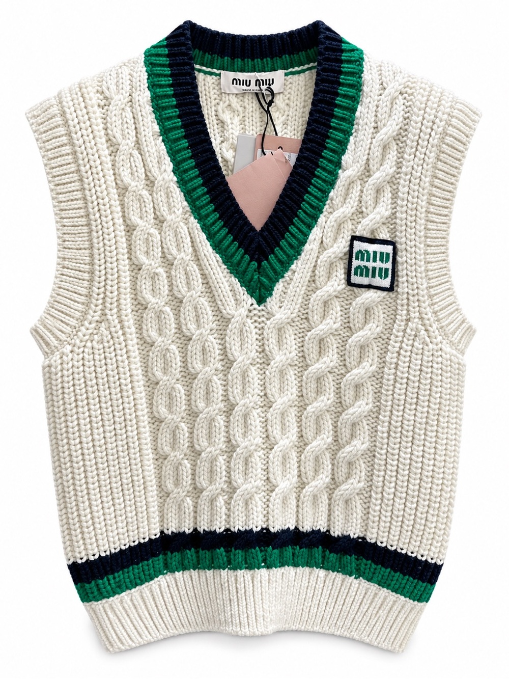 Miu Miu Cream Cable-Knit V-Neck Sweater Vest with Green & Navy Trim